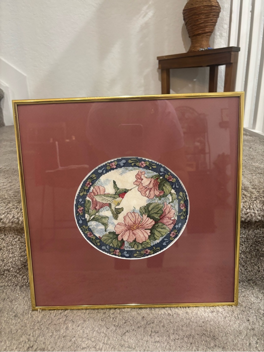 Framed Vintage “Hummingbird on Floral” 1996 needlepoint artwork